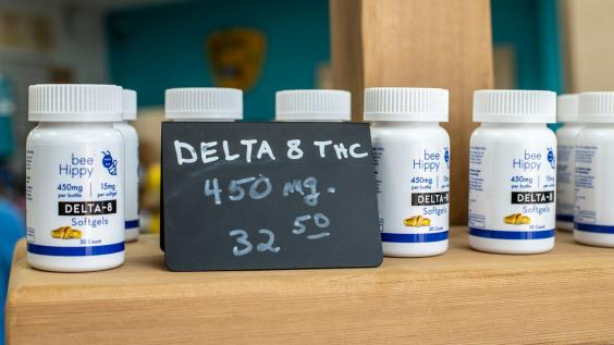 Delta-8 supplements on a shelf at a Texas store.