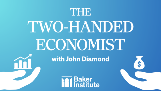 Two-Handed Economist graphic with illustrated hands palm up and holding bar chart and bag of money