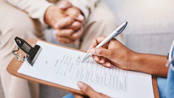 Nurse, clipboard and pen for checklist with patient, healthcare service and medical information.