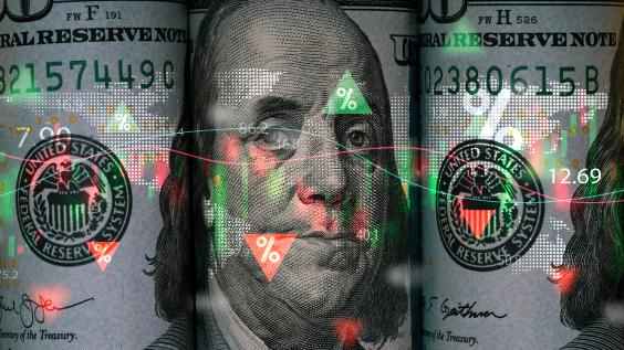 Benjamin Franklin face on USD dollar banknote with stock market chart and up down arrow for analysis investment.