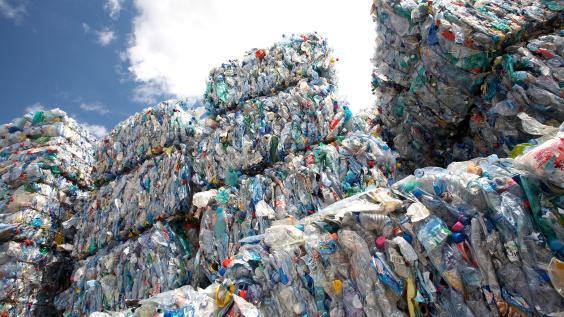 Bundles of plastic waste ready to be recycled