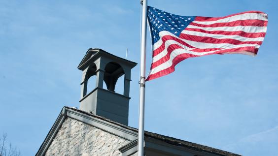 Church with American flag. 