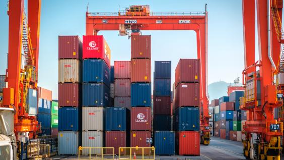Shipping containers stacked on a cargo ship.