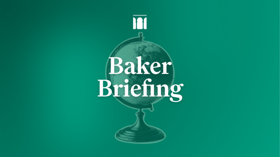 "Baker Briefing" text over globe illustration