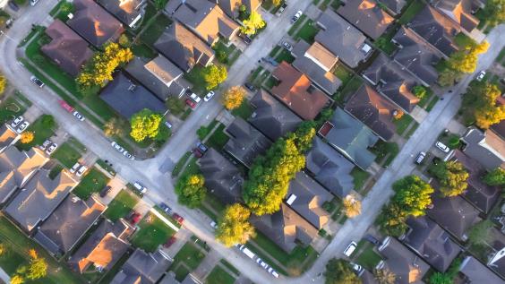 Aerial view of American neighborhood