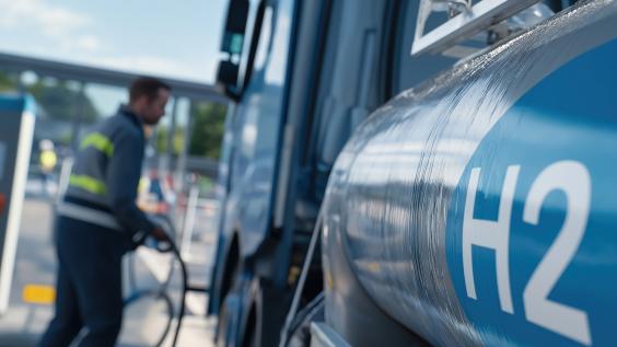 Man fueling truck with liquid hydrogen