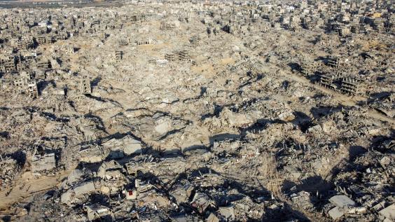 Drone view of ruined buildings after Israel Hamas ceasefire.