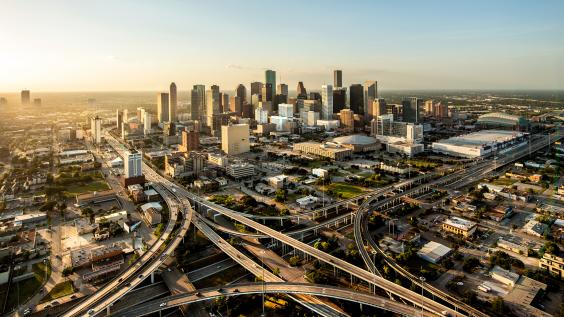  Houston city, aerial shot at sunset