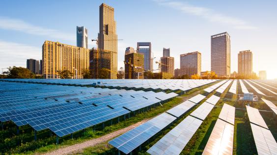 Solar panels with city view