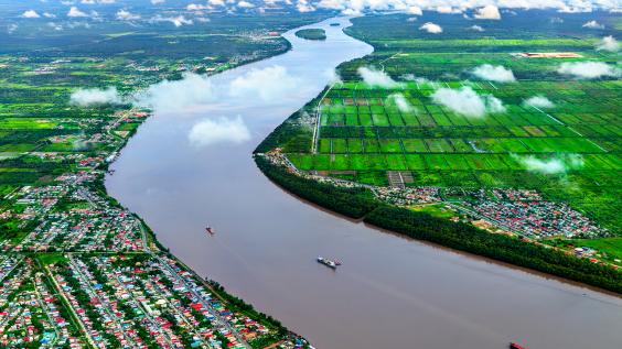 Aerial view of the Demerara river south of Georgetown in Guyana, South America 