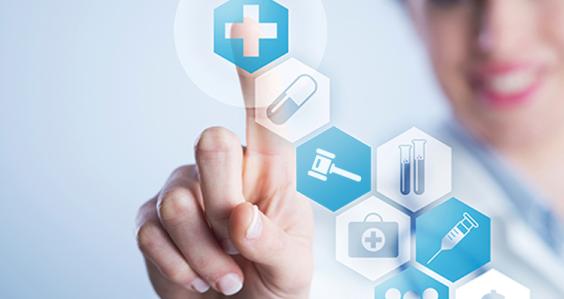 Female healthcare worker lifts finger to press digital buttons featuring topical iconography