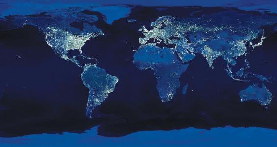 The globe at night, lights in populated areas illuminated