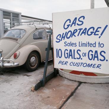 A sign at a gas station during the gasoline shortage and energy crisis of the 1970s
