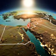 Map of the Middle East with Palestine in red