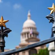 A star design on a gate, with the Texas State Capitol building in the background.