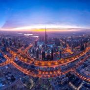 An aerial view of the Dubai skyline.
