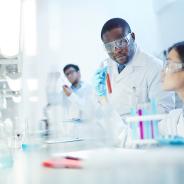 Scientists analyze test tube samples in a lab.