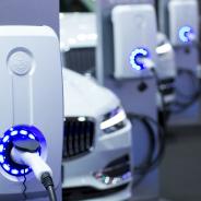 An electric car charges.