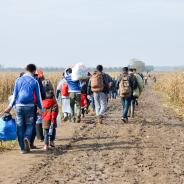 Refugees walk on a trail.