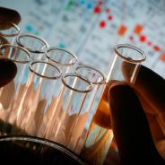 A scientist picks up test tubes from a rack.
