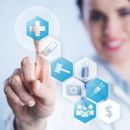 Female healthcare worker lifts finger to press digital buttons featuring topical iconography