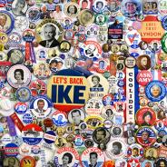 An assortment of campaign buttons from a variety of US elections and political pursuits are displayed in a collage 