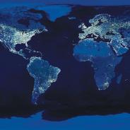 The globe at night, lights in populated areas illuminated