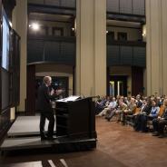 Wide shot of the Doré Commons during a Shell Distinguished Lecture Series event featuring Wim Thomas