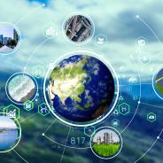 Energy transitions concept: photos and icons represent solar, wind and other alternative resources