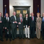 Joe Jamail poses with James A. Baker III, Edward P. Djerejian, and guests at an event in Baker hall