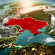 Aerial map of Ukraine, highlighted in red 