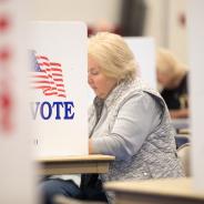 Seated woman votes in New Hampshire primary election