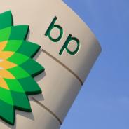 BP logo on signage, against blue sky