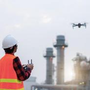 person in safety vest flying drone near power plant