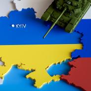 A military tank crosses the border from Russia into Ukraine on this stylized map