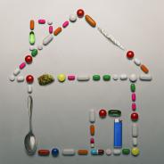 Various drug paraphernalia form the shape of a house