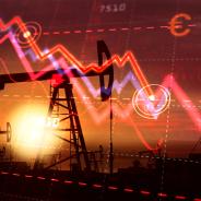 A graph of a market crash overlays a pumpjack.