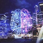 Neon line drawing of left- and right-halves of the brain