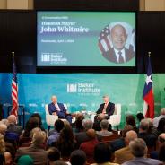 Photo of John Whitmire and Ed Emmett onstage at Baker Hall.