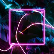 Neon square frame on a dark florlal background