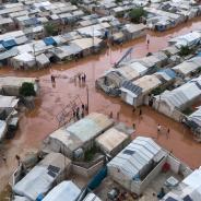 This aerial view shows the camp of Deir Ballut for internally displaced people in the Afrin region of Syria's rebel-held northern Aleppo province, inundated following heavy rainfall on May 24, 2024.