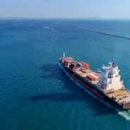  Aerial view container ship going to sea port for import export