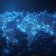 Map of world showing cities connected by digital nodes