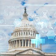 Capitol dome building exterior with health care digital medicine hologram overlay