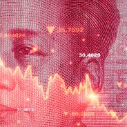 Mao Tse Tung face on Yuan banknotes with stock market decreasing graph chart for Trading currency exchange money transfer and China economy recession concept.