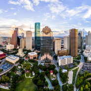 Ariel cityscape view of downtown Houston Texas with park in foreground