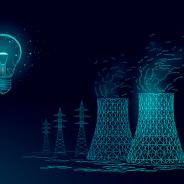 line drawing of nuclear power station and light bulb