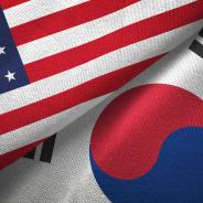 United States and South Korea two flags textile cloth, fabric texture