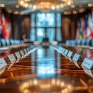 Rendering of World Trade Organization delegates finalizing international trade agreements