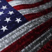 Waving national flag of the United States of America. Woven flag concept animation with digital binary numeric computer code running through the flag.